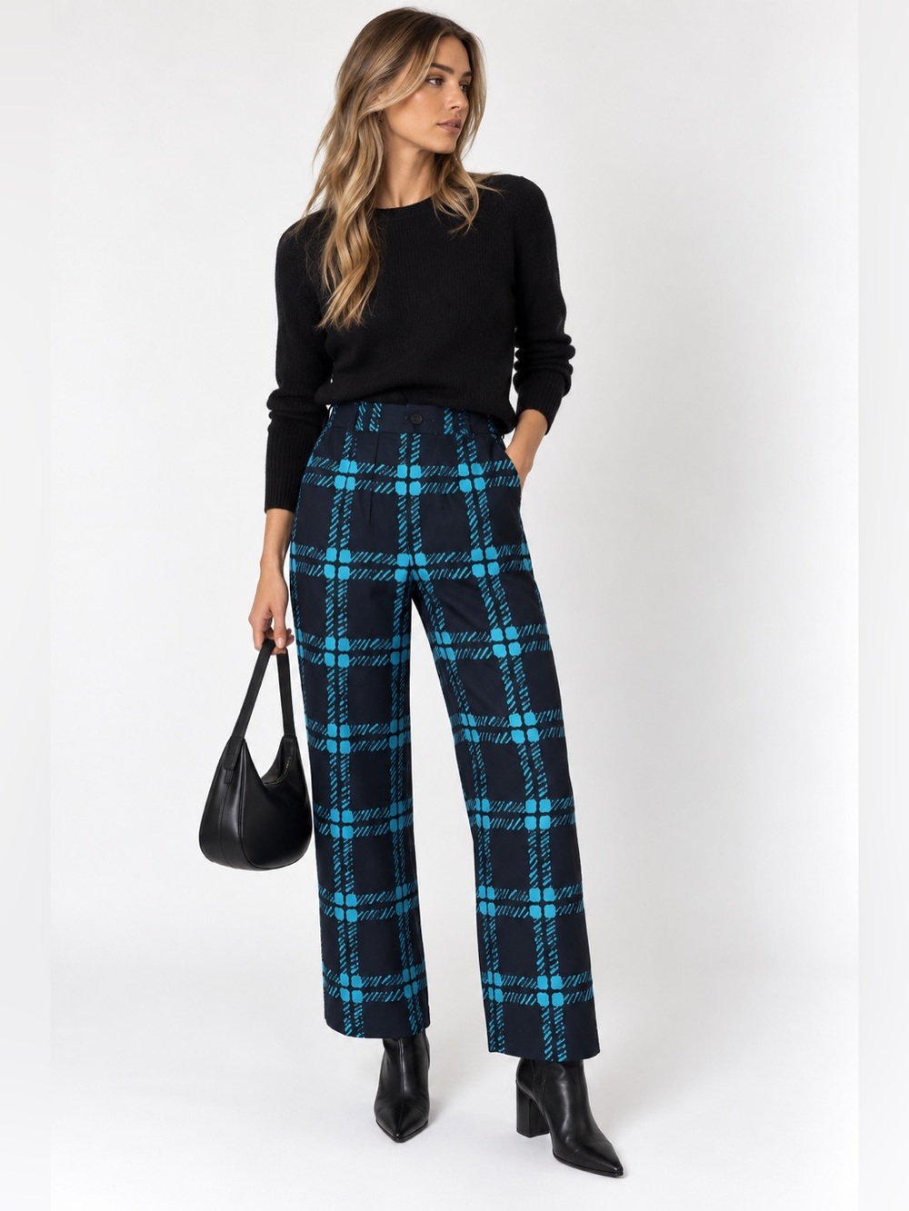 Marni x Uniqlo Drape Relaxed Wide Straight Plaid Cropped Pants Navy Blue XS